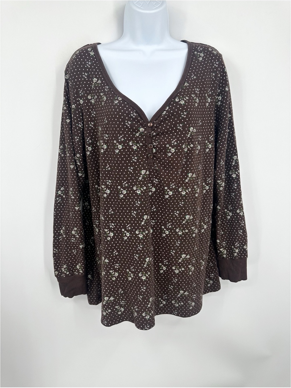 Vintage Y2K Brown Almost Famous Floral Long Sleeve Thermal Shirt Size 22W